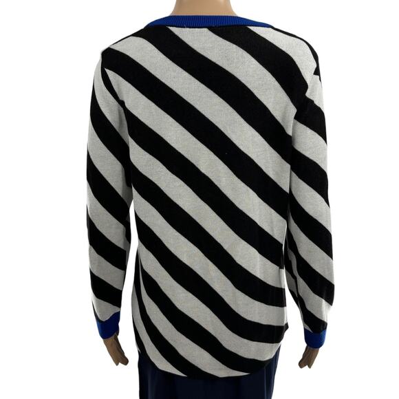 Anthropologie Maeve Black White Striped Pullover Blue Trim Sweater - Picture 8 of 11